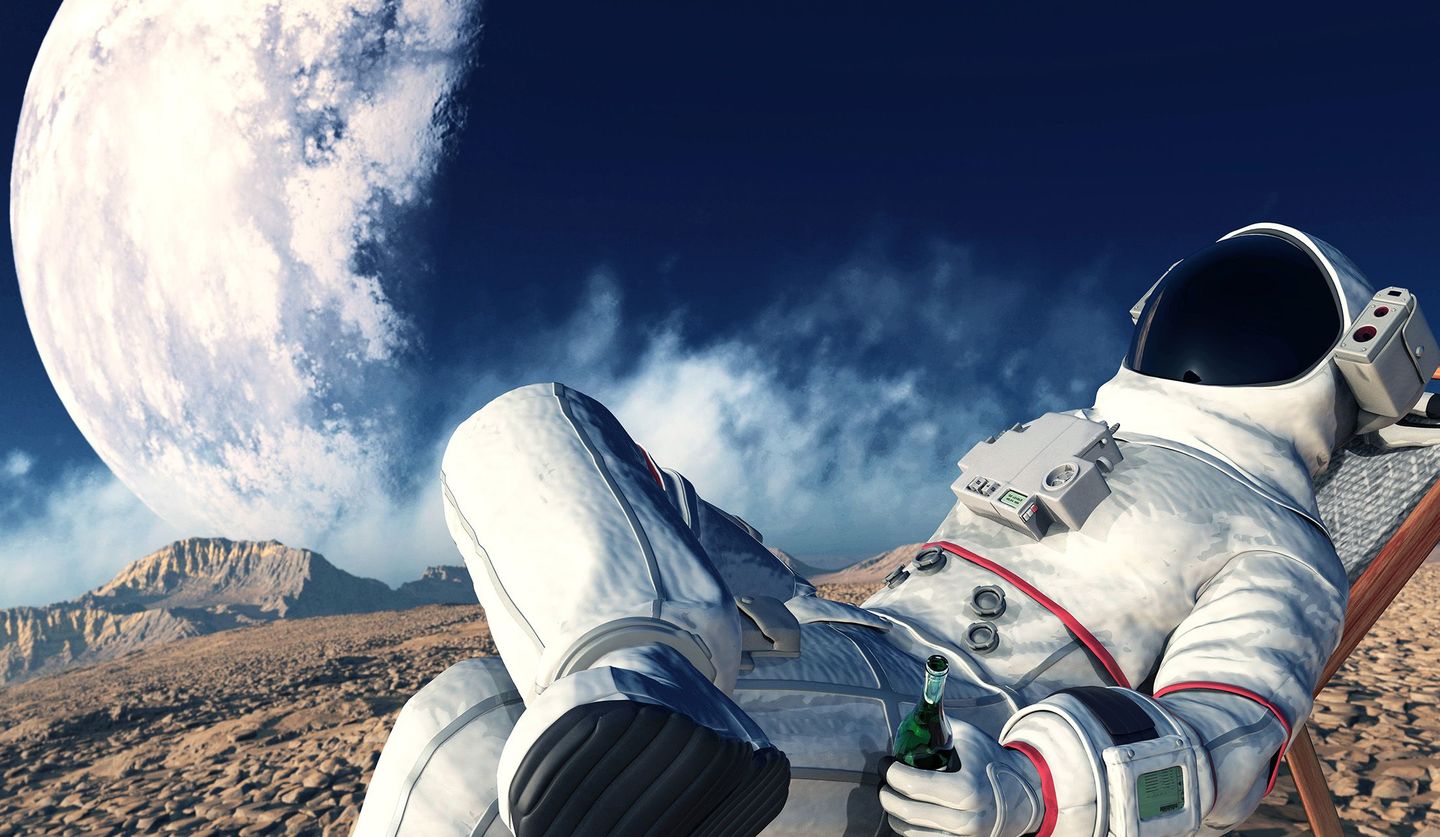 月面で地球を眺めながらカールスバーグを飲んでくつろぐ宇宙飛行士