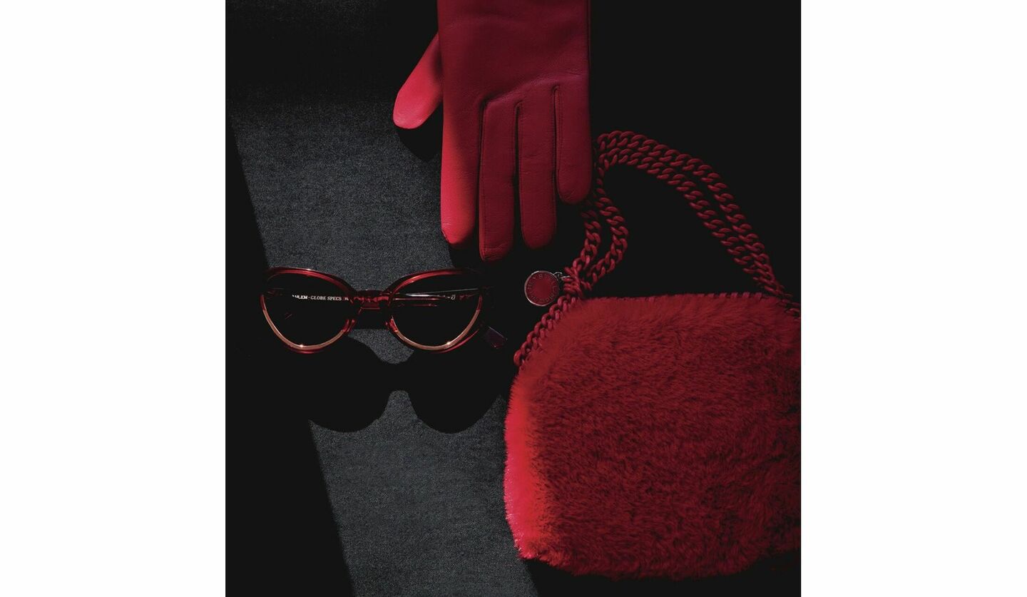 赤の手袋とサングラス、バッグの写真