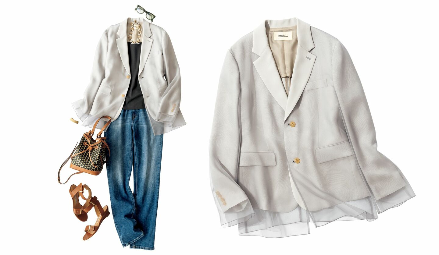 シアー素材のジャケットと、ジャケットとデニムのスタイリングの置きコーデ