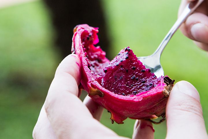 ドラゴンフルーツの実を縦半分に切り、さらに半分にすると、スプーンで簡単にすくって食べることができる