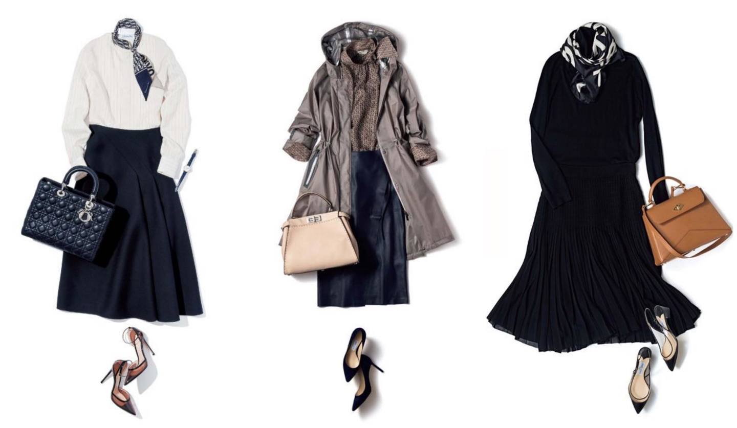 ロング・フレア・オフィススタイルなど、40～50代の黒スカートコーデ