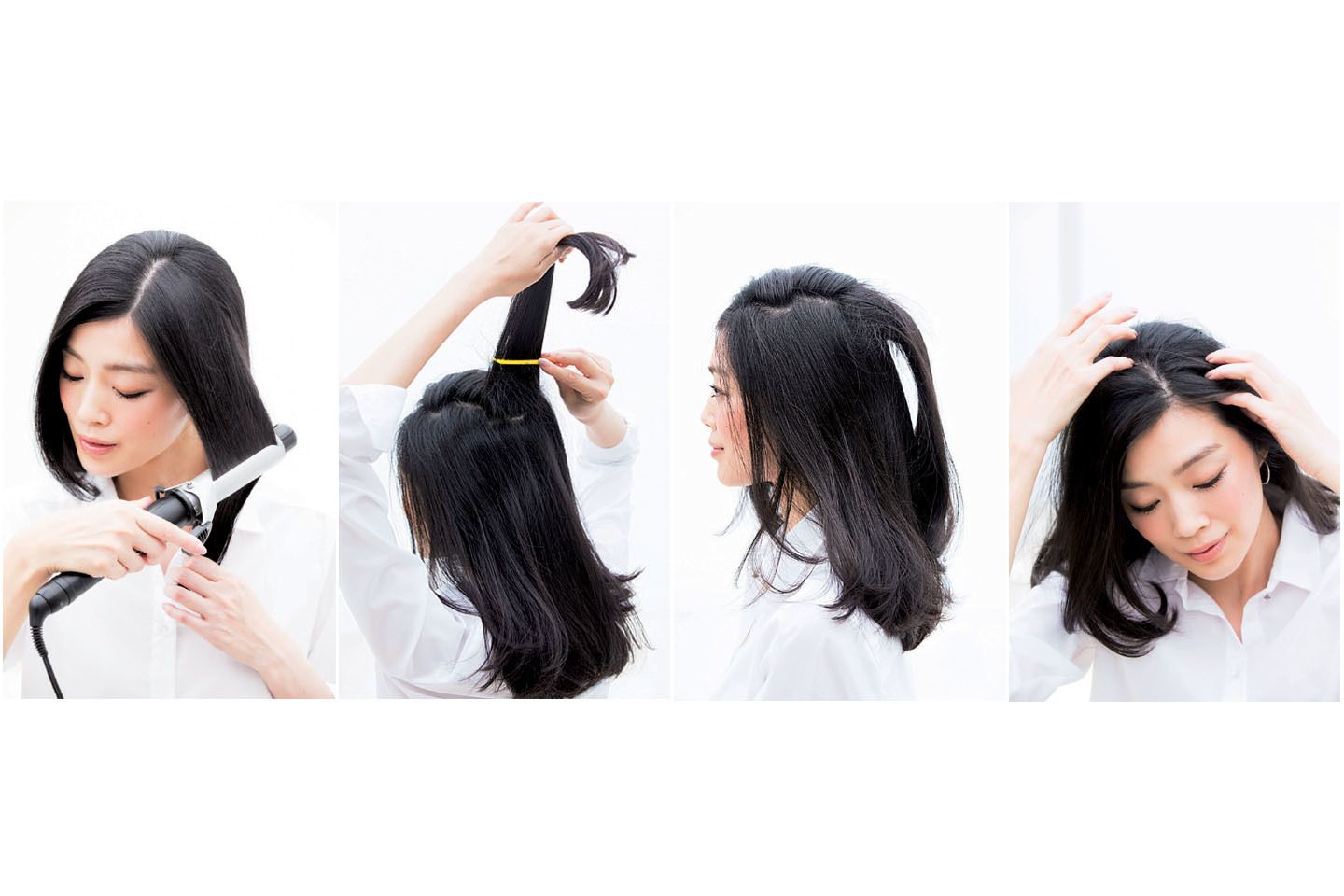 (手順は左から右へ)
・まずは太めのヘアアイロンで、髪の中央から毛先にかけて、挟んでスッと引っ張るようにして毛先を軽くカールする。こうすることで、髪に艶が蘇ります。
・前髪の後ろから後頭部までを3ブロックに分ける。根元から10cmくらいまでハードスプレーをかけ、上下に何度かコームを動かし、逆毛を立てていきます。
・後ろから前のブロックへと順に逆毛を立てていき、いちばん後ろの3つめのブロックは逆毛を立てた状態です。こうすることでトップがふんわりとなります。
・小指を小刻みに左右に動かしながら、ジグザグの分け目をつくる。分け目をはっきりさせないことで、無造作でこなれた雰囲気が生まれます。