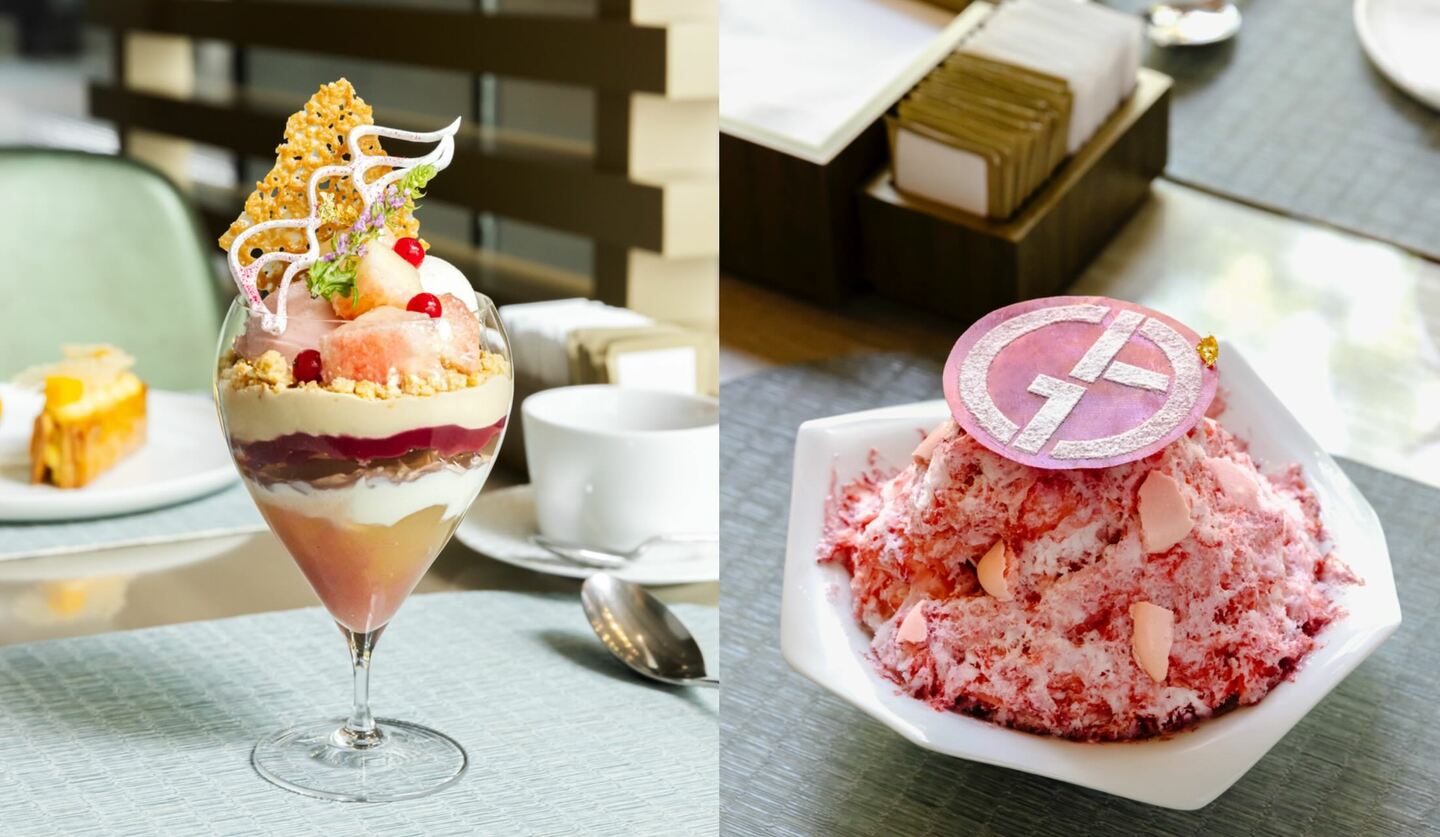 「アルマーニ / カフェ 表参道の「白桃 フロマージュ レモンバーベナーのパフェ」と「ミックスベリー マスカルポーネ 練乳のかき氷」