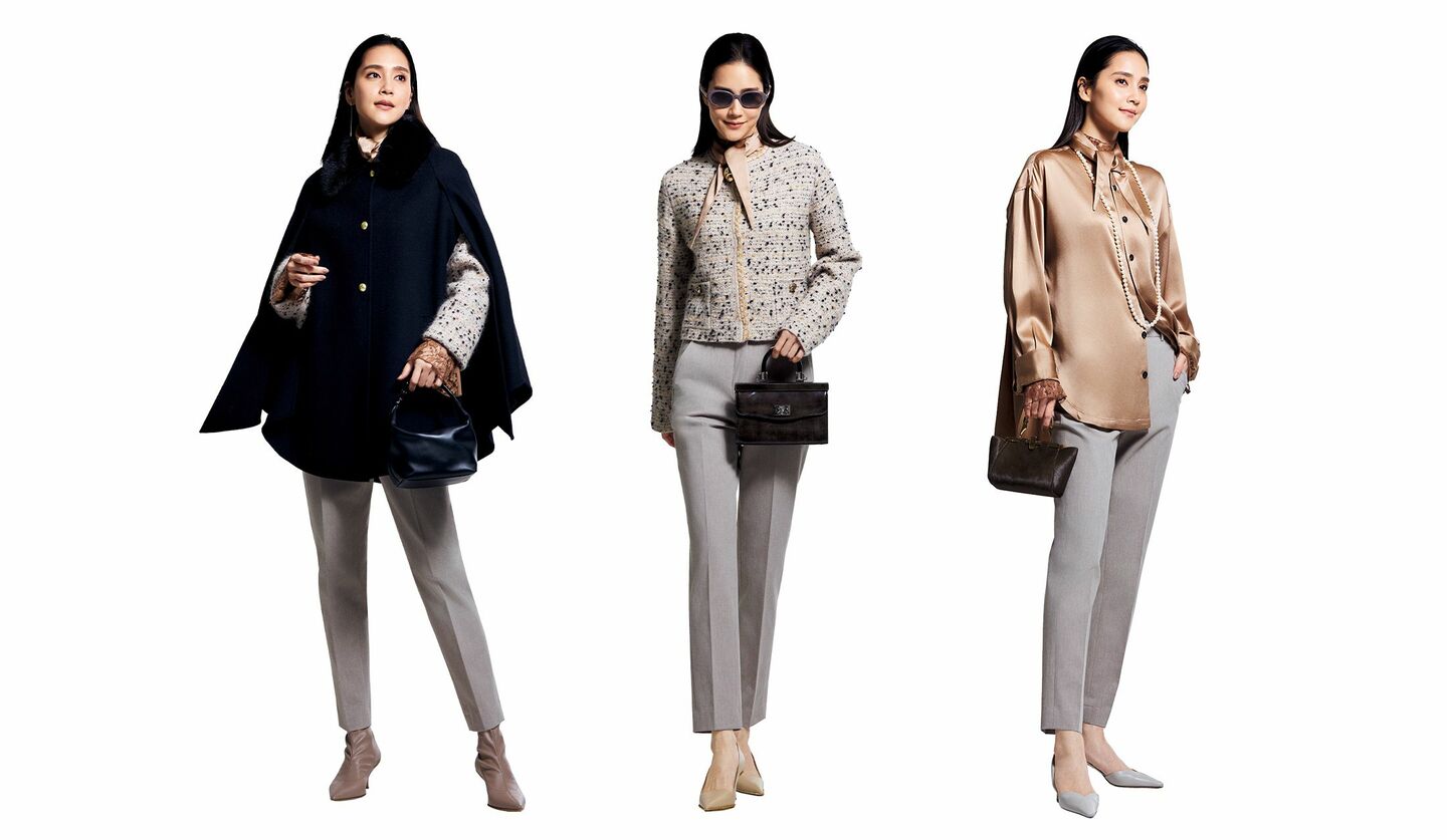 シンプルエレガンス派のレイヤードスタイルを着用したモデルのAtsukoさん