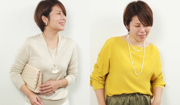 シンプルトップスを盛り上げる！人気スタイリスト直伝「ロングネックレス」コーデ２選