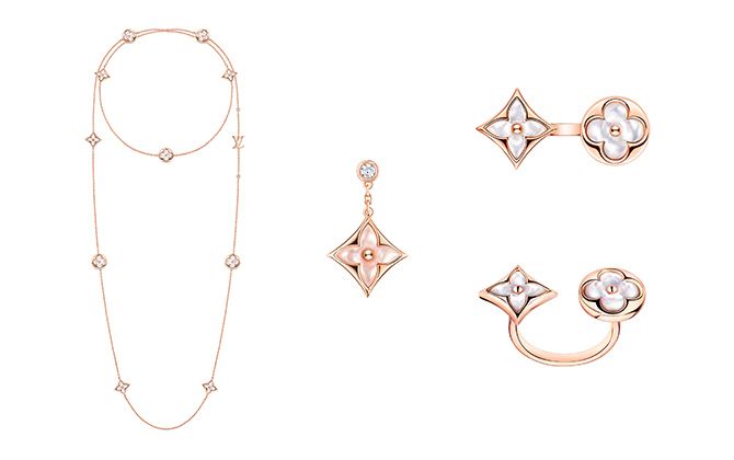 写真左／ソートワール ブロッサム BB [ピンクゴールド×ホワイトマザー・オブ・パール×ダイヤモンド]￥1,680,000、中／ピュス スター ブロッサム [ピンクゴールド×ピンクマザー・オブ・パール×ダイヤモンド]￥176,000、右／バーグ ブロッサム BBビトイーン・ザ・フィンガー [ピンクゴールド ×ホワイトマザー・オブ・パール]￥392,000（すべて税別）