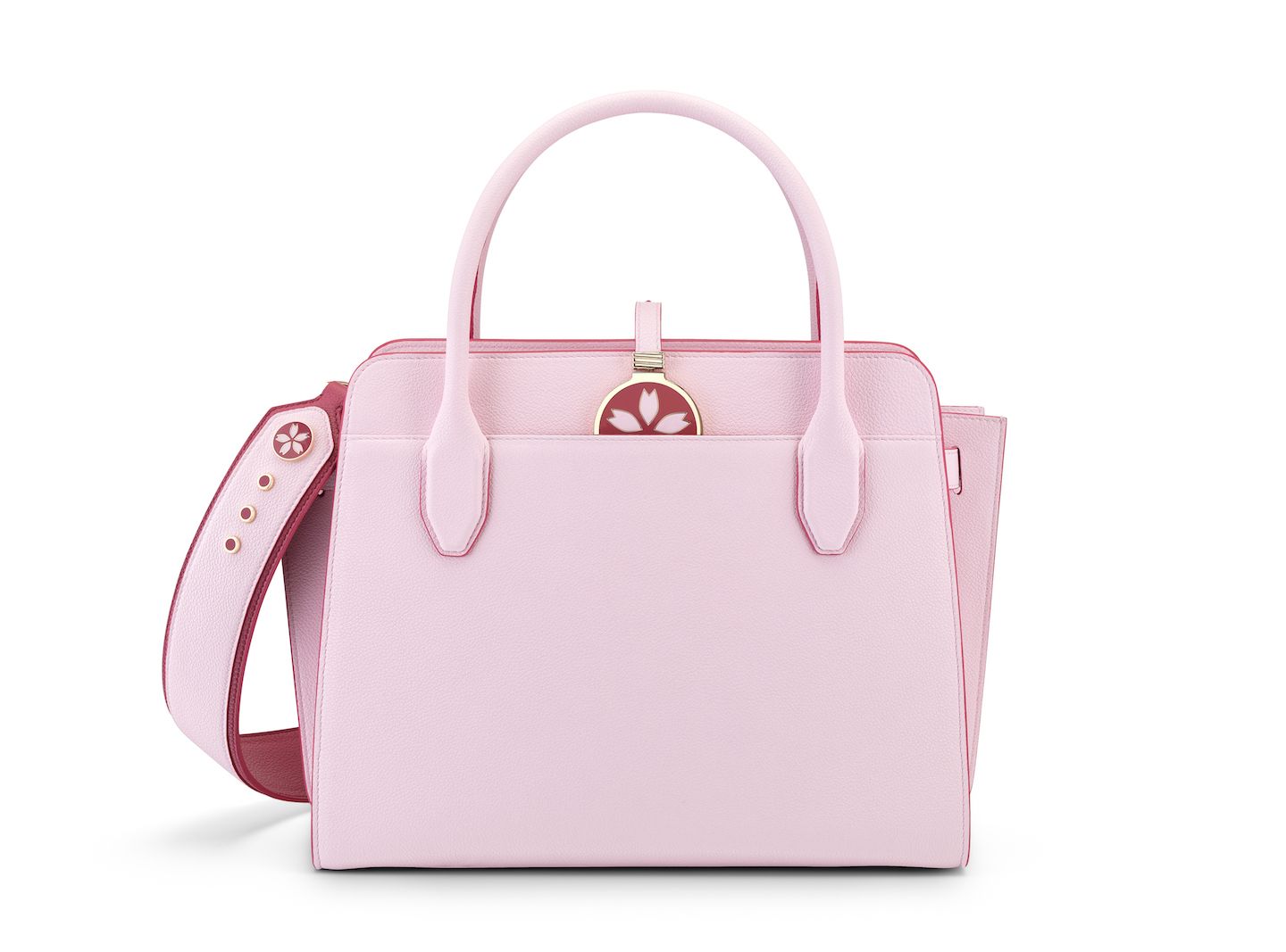 「ブルガリ・ブルガリ アルバ バッグ」(日本限定 桜カラー、Sサイズ)¥220,000【縦20×横25×マチ9.5cm】・(日本限定 桜カラー、Mサイズ)¥250,000【縦24×横30.5×マチ12cm】*取り外し可能なストラップに加えて、桜モチーフがあしらわれたワイドストラップも付属