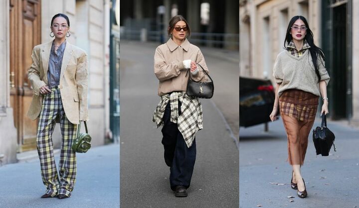 海外インフルエンサーのベージュ×チェックコーデ