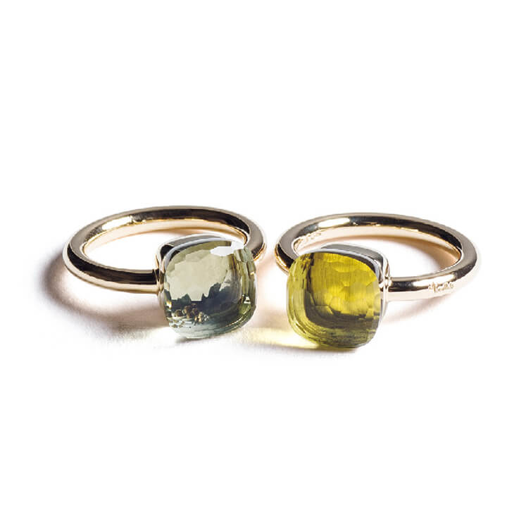 左／青みがかったグリーンが神秘的です。［プラシオライト］・右／肌なじみのいいニュアンスイエロー。［レモンクォーツ］各￥262,000（ポメラート・ジャパン）　[Precious2019年1月号129ページ] 