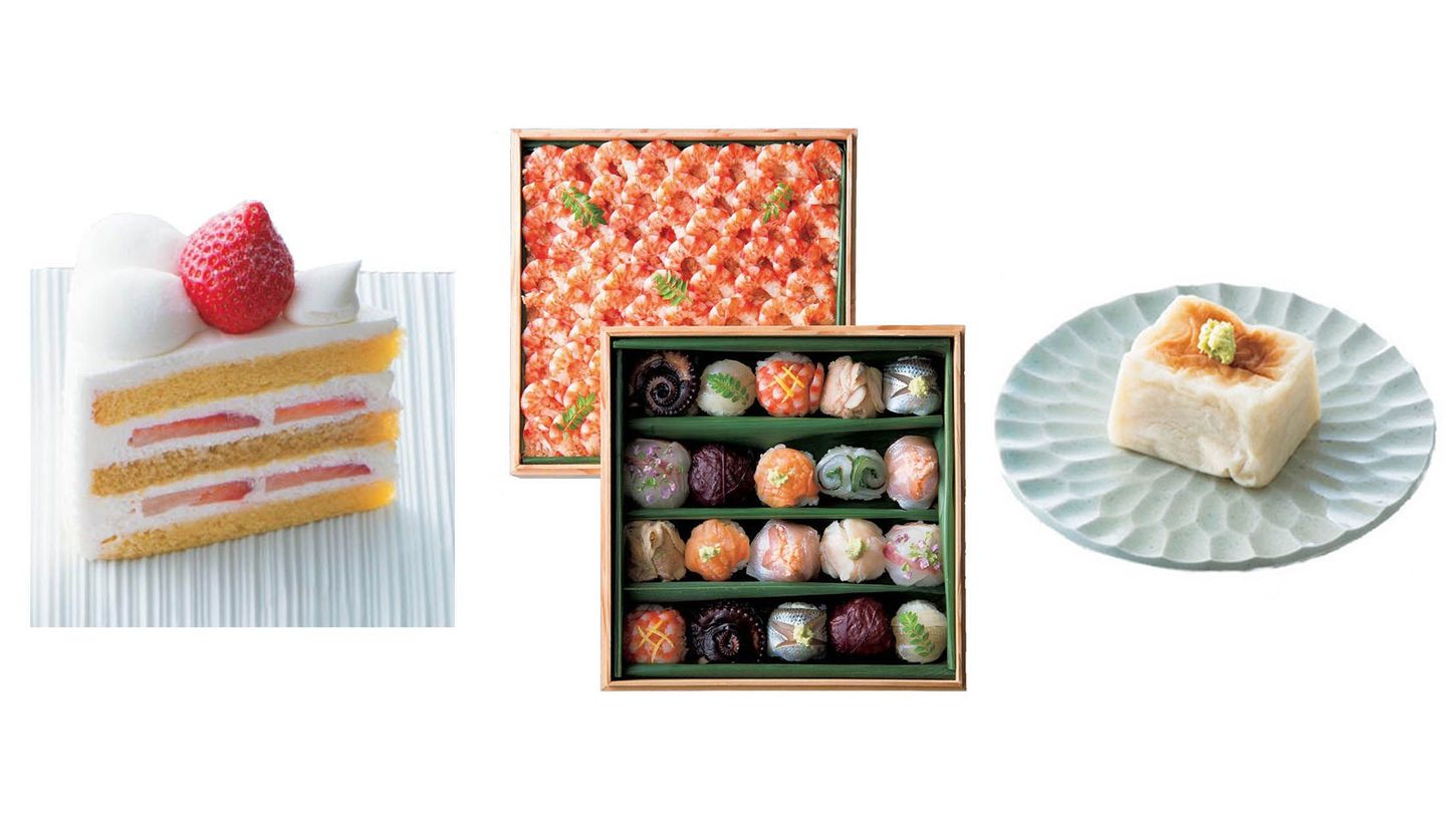 パティスリーSATSUKIの「スーパーショートケーキ」、鮨 青木の「海老ちらし」と「手毬鮨」、銀座うち山の「焼きごま豆腐」
