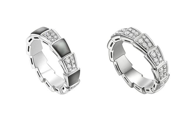 左／ホワイトゴールド×グレー マザーオブパール×ダイヤモンド[6mm幅]￥465,000、右／ホワイトゴールド×ダイヤモンド[6mm幅]￥620,000（ともに税抜）