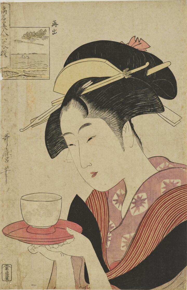 歌麿による『高名美人六家撰・難波屋おきた』の版元は近江屋権九郎。早くにその才能を蔦重に買われ腕を磨いた歌麿だったが、蔦重は独占することなくほかの版元との仕事も容認した。18世紀 東京国立博物館蔵 出展:ColBase