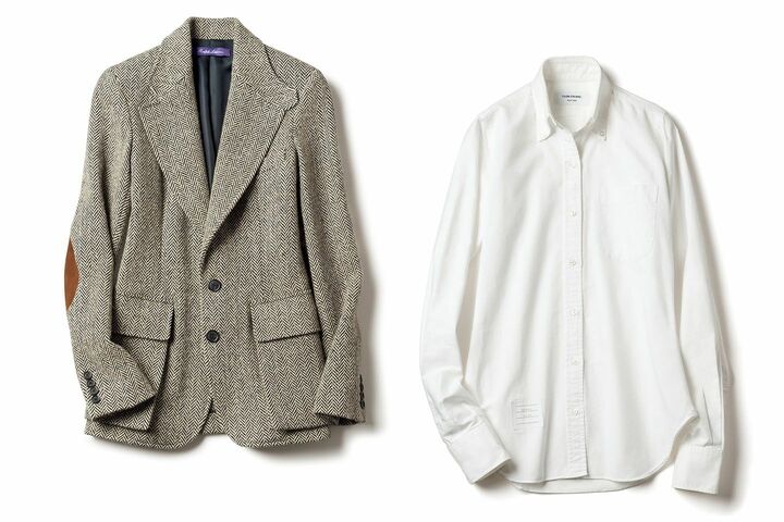 ラルフローレンのジャケットとトムブラウンの白シャツ