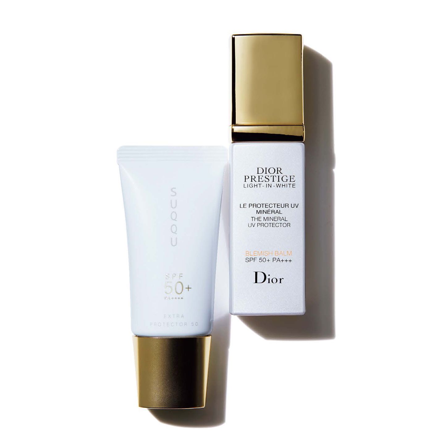 左から/SUQQU エクストラ プロテクター 50 SPF 50+・PA++++ 30g ¥6,000、パルファン・クリスチャン・ディオール プレステージ ホワイト ル プロテクター UVミネラル SPF 50+・PA+++ 30ml ¥12,500