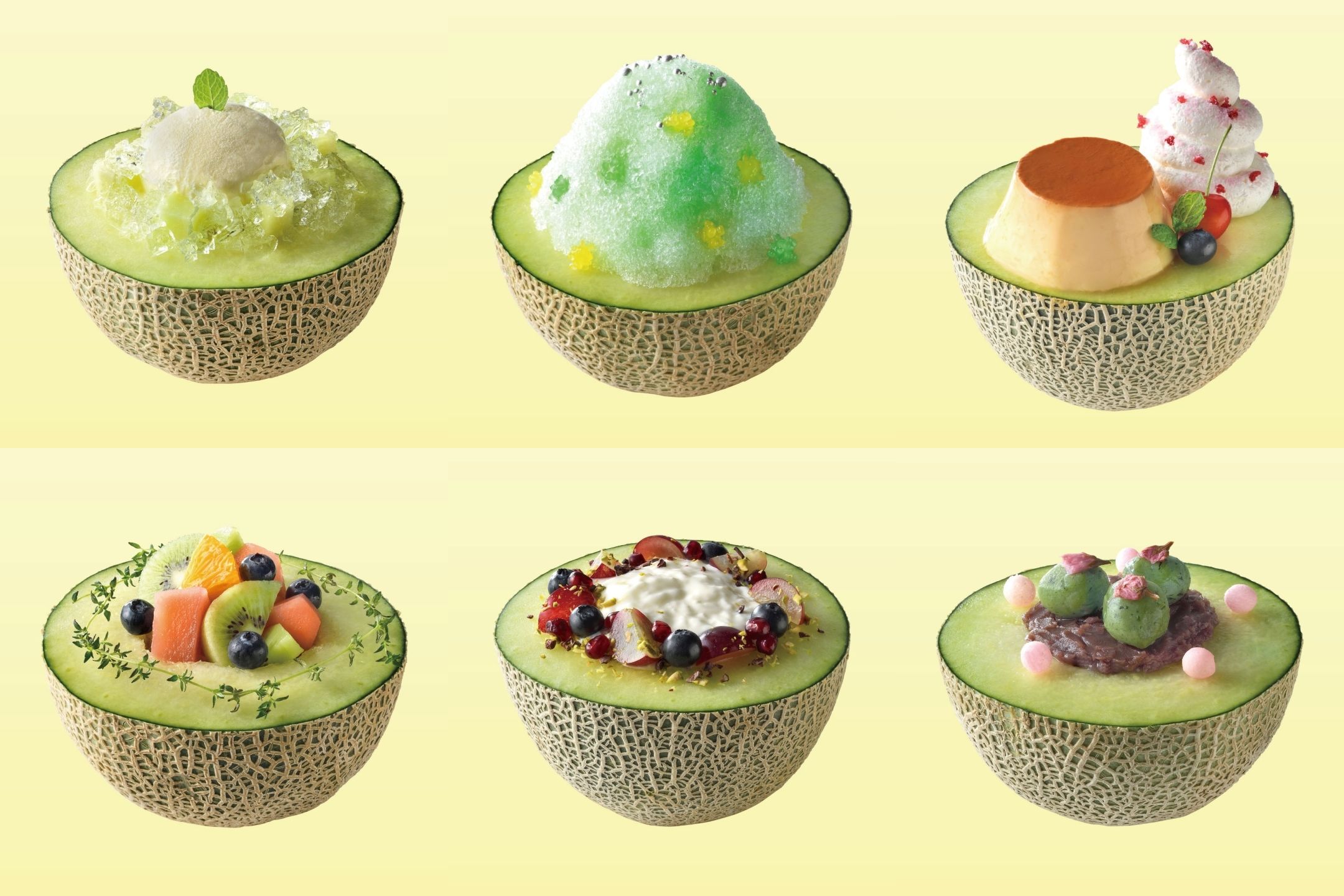 写真上段左より/「半カットメロン」アイスクリーム、かき氷、プリンアラモード、フルーツポンチ、ヨーグルト、ぜんざい