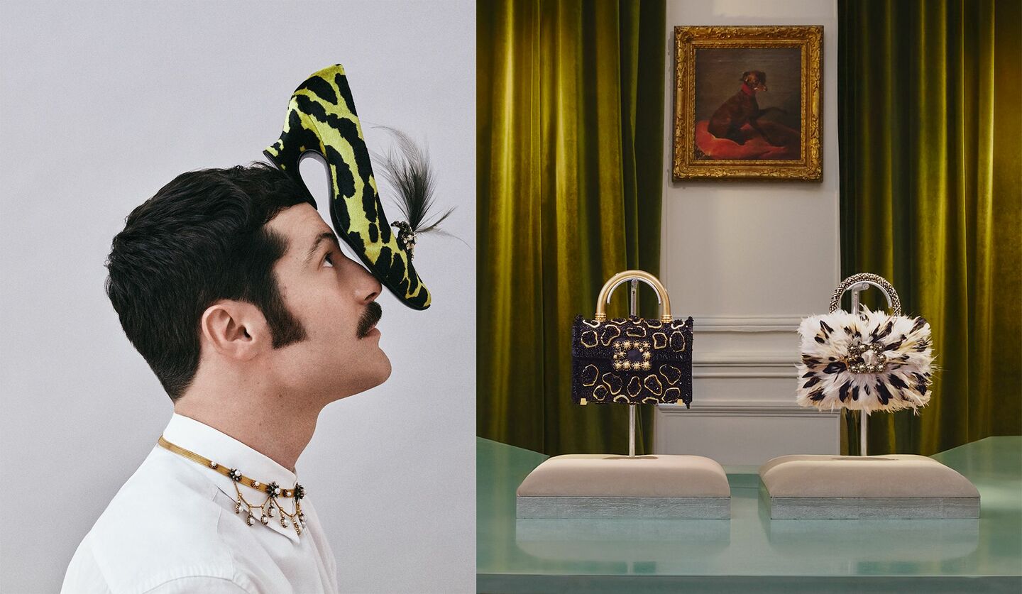 「ロジェ ヴィヴィエ」クリエイティブ・ディレクターのゲラルド・フェローニさんと、『ピエス ユニーク』コレクションのバッグ