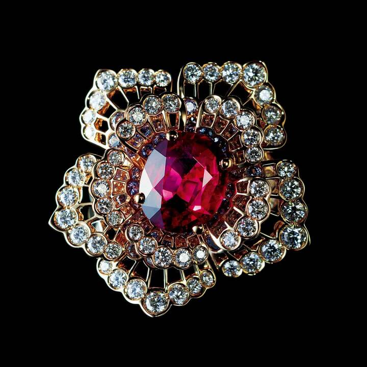 『スクレ デ ザベイユ』リング 参考価格￥98,500,000 [ルビー　5.07カラット、モーヴサファイア　計2.24カラット、ダイヤモンド　計3.09カラット、ブラックラッカー、ホワイトゴールド、イエローゴールド、ピンクゴールド]（ヴァン クリーフ＆アーペル）