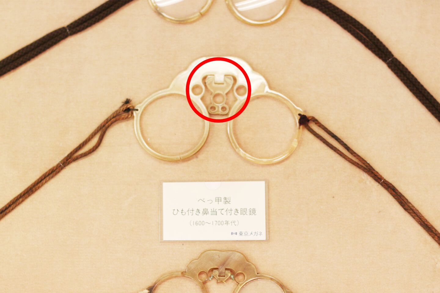鼻当てがつけられたメガネ。◯印部分が動き、眉間に立てるように使うそう