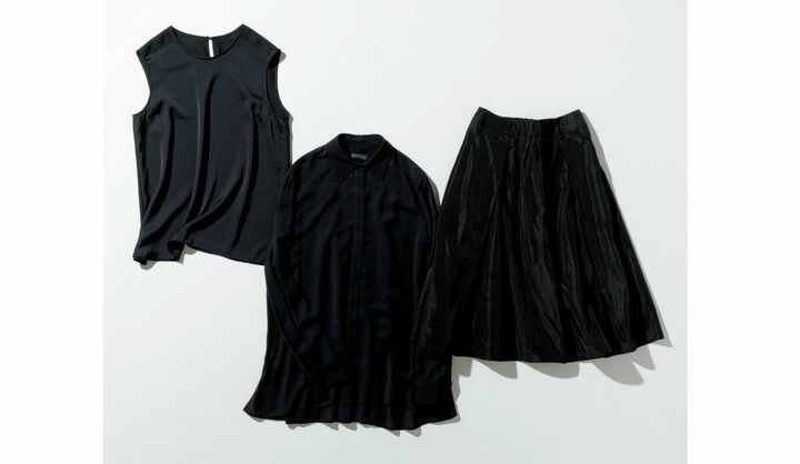 ●左/ノースリーブトップス¥34,000(チェルキ〈トモウミ オノ〉) 中/ロングシャツ¥101,000(コロネット〈ザ ロウ〉)右/フレアスカート¥25,000(ラ・フォンタナ・マジョーレ 丸の内店〈ル ヴェルソーノアール〉)