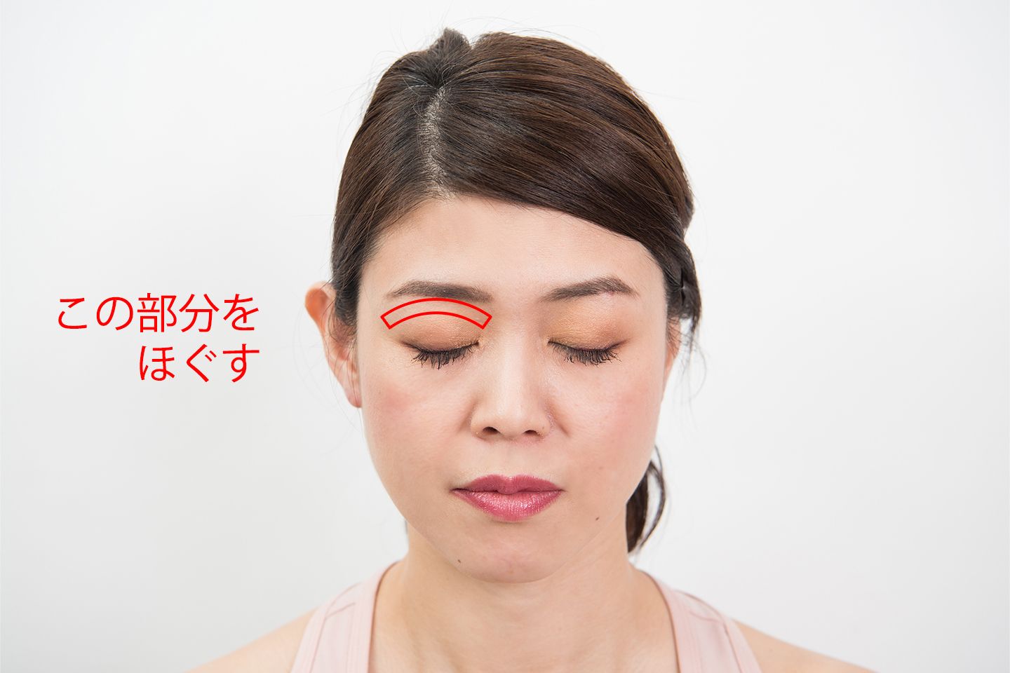 これが眼輪筋の上部の位置。上まぶたの皮膚はかなり薄いので、こすったりひっぱったりするのは厳禁。