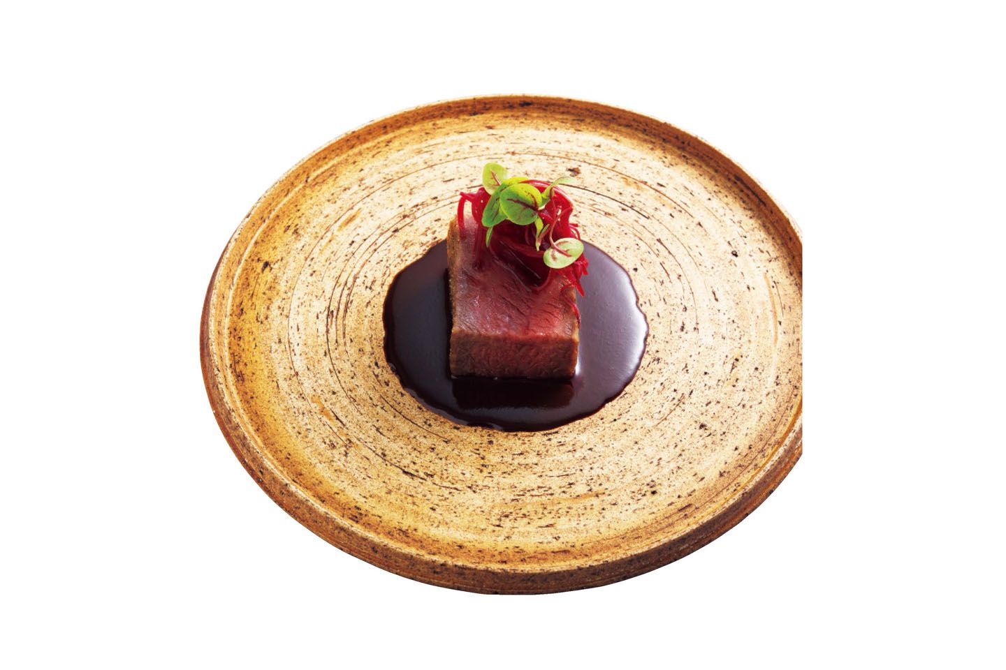 「京都 中勢以」の熟成肉のロースト。レストラン向けの熟成肉を使用。部位はザブトン(リブロース)。赤ワインとカカオのソースが、素晴らしくエレガントです。