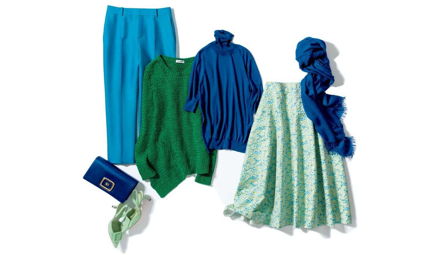 春の瑞々しいブルーとグリーンに彩られたストール、スカート、ニット、パンツ、バッグ、パンプス