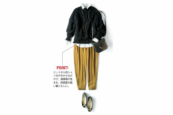 ブルゾン(ラ・フォンタナ・マジョーレ 丸の内店〈ル ヴェルソーノアール〉)、ニット(ショールーム リンクス〈セドリックシャルリエ〉)、パンツ(ブランドニュース〈J.クルー〉)、バッグ(コロネット〈ミリー〉)、靴(VINCE表参道店) 撮影/佐藤 彩 BY:『Precious1月号』小学館、2017年