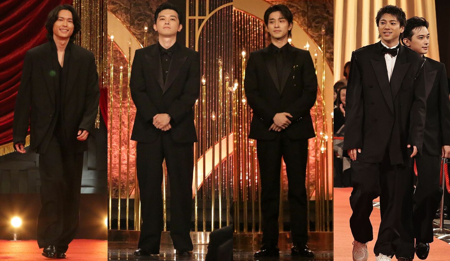 第49回 日本アカデミー賞 授賞式に登場の俳優の吉沢 亮さん、横浜流星さん、SixTONESの松村北斗さん、山田裕貴さんの画像