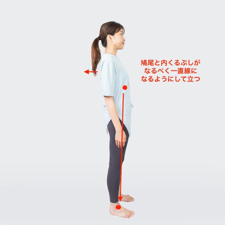 内くるぶしの上に鳩尾がくるように立つ