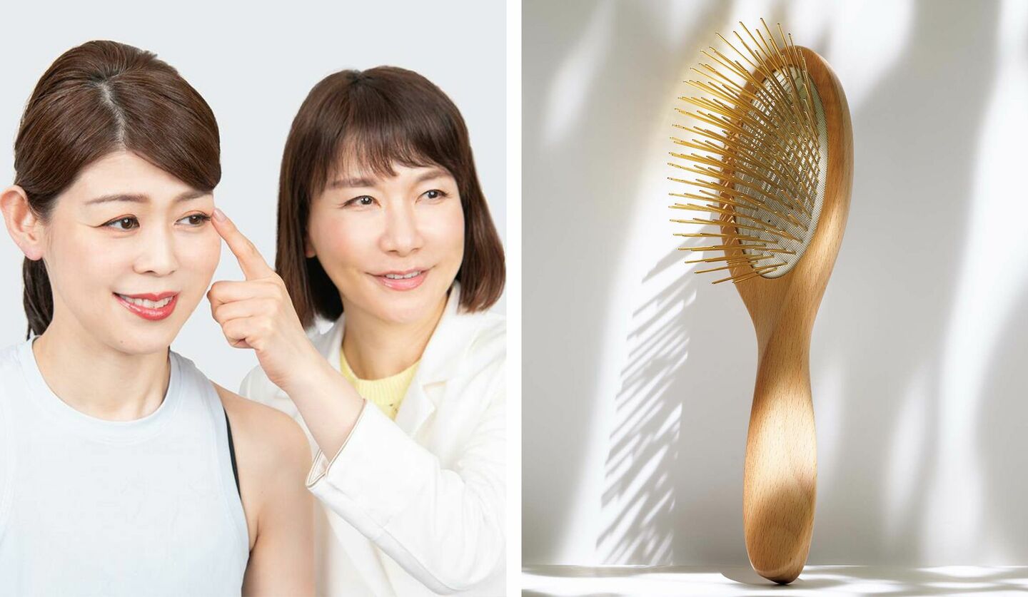 エイジングデザイナー・村木宏衣さん、女性モデルさん、「スノー フォックス スキンケア」の『プレミアム FOX カッサ ウッド ヘアブラシ』
