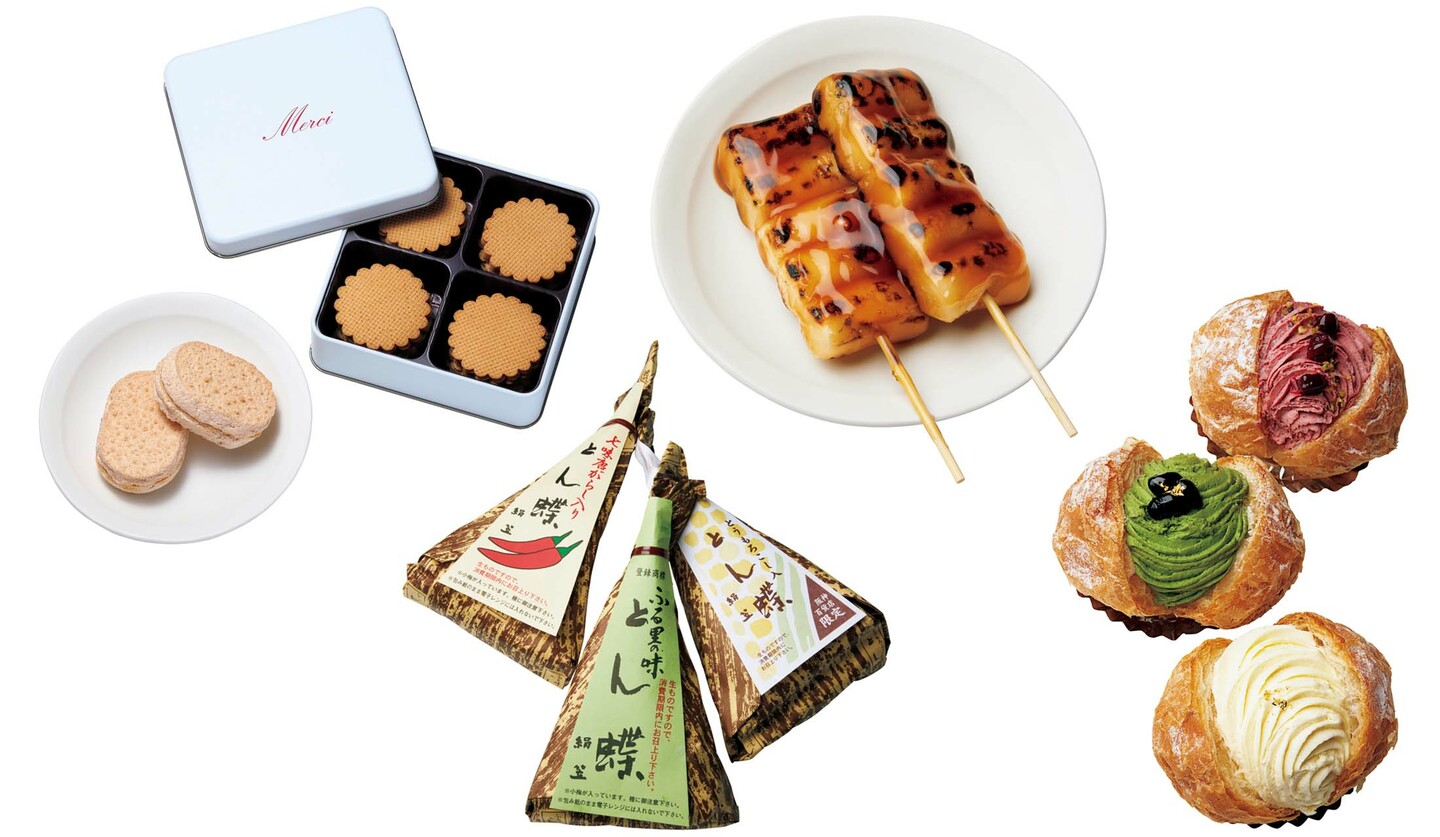 「エキュ」の焼き菓子、「喜八洲総本舗」のみたらし団子、「御菓子司 絹笠」の『とん蝶』、「ザ・リッツ・カールトン大阪」の『クリームデニッシュ』