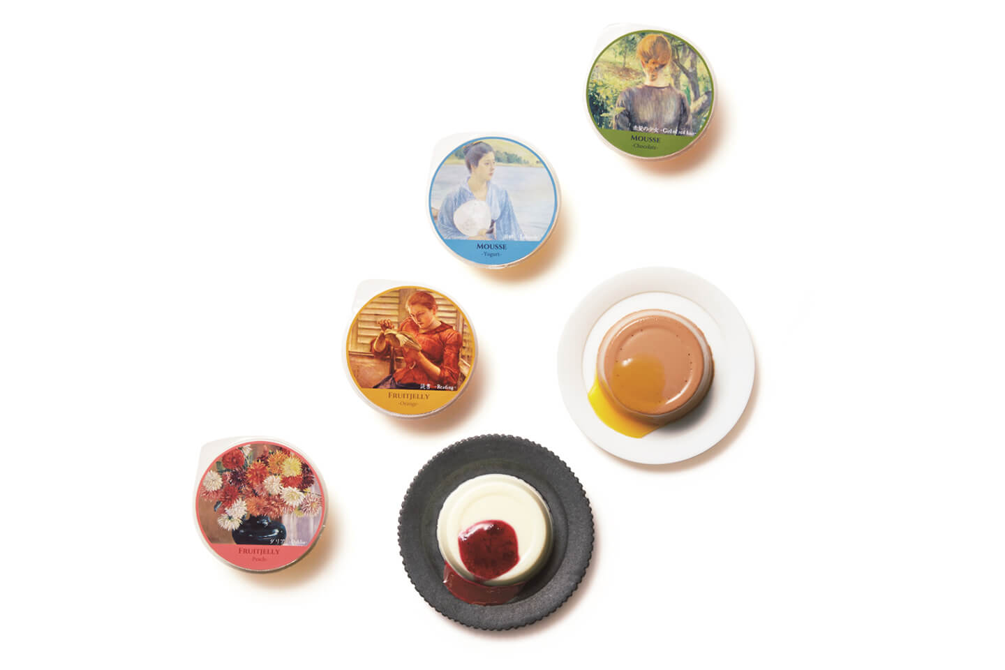 フルーツゼリー(オレンジ・ピーチ×各2)、ムースデザート(フルーツソース付)(ヨーグルト・ショコラ×各2) ¥3,240(税込)※限定4,000点/取扱店舗:三越各店ギフトセンター、各店食品ギフト売場、三越オンラインショップ