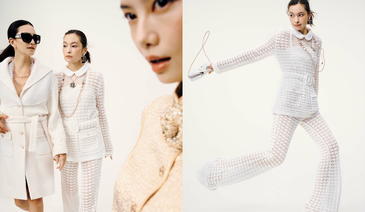 シャネルの2025/2026年 クルーズ コレクションのウエア&ジュエリーを纏ったモデルのRINA、太田莉菜、泉はる