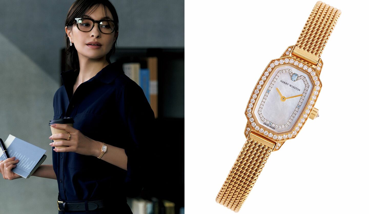 ネイビーシャツに「ハリー・ウィンストン」の時計『HM エメラルド』合わせたモデルの太田莉菜さん