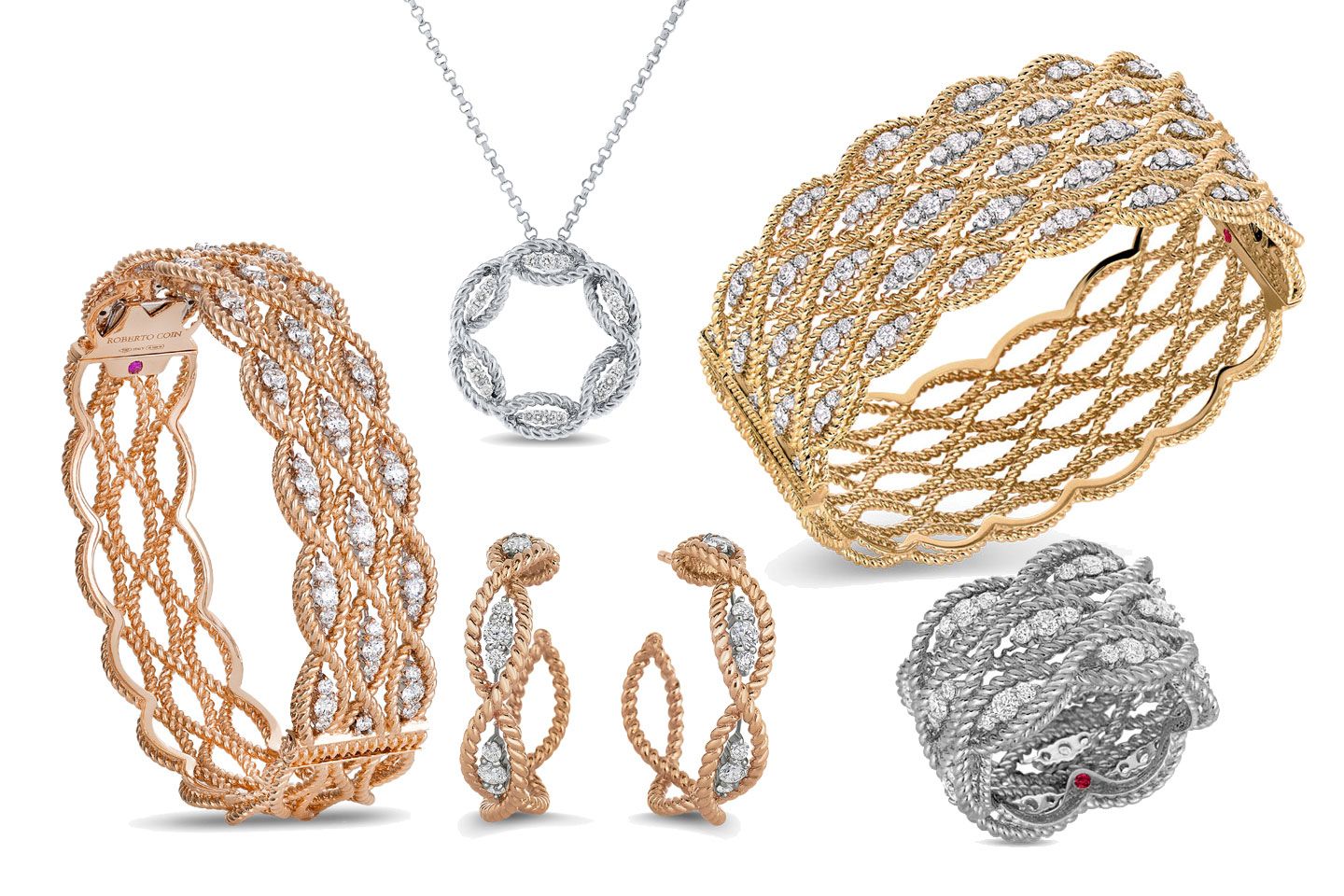 左からバングル¥2,178,000・ネックレス¥308,000・ピアス¥475,000・リング¥000,000(銀座三越〈ロベルトコイン〉) 右上のバングル/参考商品