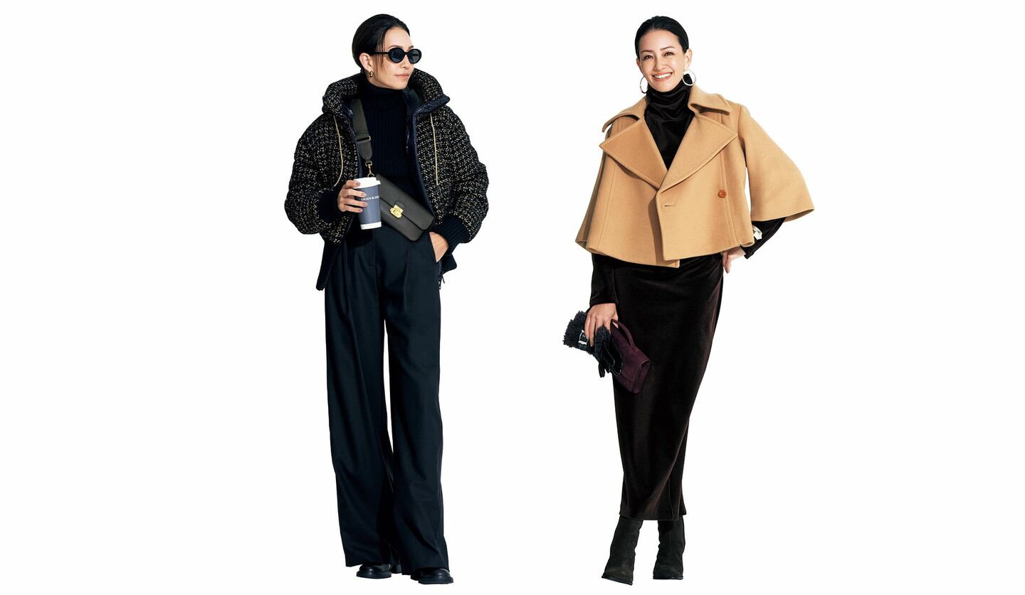 「MIKAKO NAKAMURA」と「ヘルノ」のアウターを着用したモデルのRINAさん