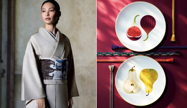 秋を感じる、“香る実”と名付けられた「エルメス」のプレート＆大政 絢さんが着る「丹後ちりめん」の着物