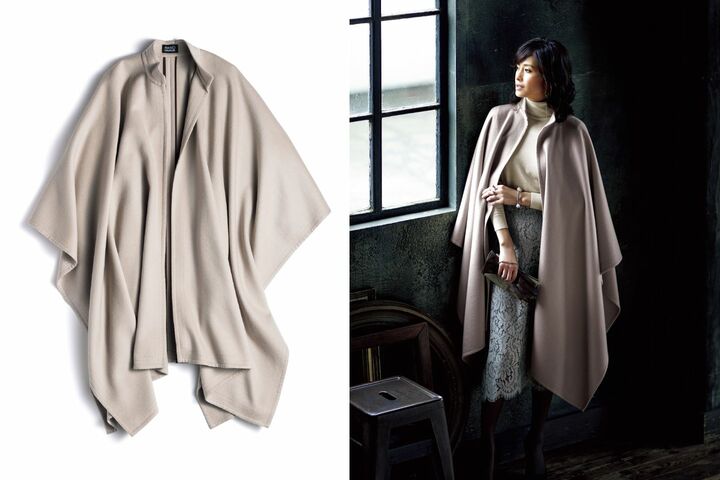 ダブルフェースカシミアのマント『ジーン』￥330,000［フリーサイズ］・スカート￥140,000（オールウェイズ〈MIKAKONAKAMURA〉） ニット￥30,000（リーミルズ エージェンシー〈ジョン スメドレー〉） ピアス￥45,000・バングル￥45,000・リング￥31,000（ラリック ジャパン） グローブ￥26,000（真下商事〈デンツ〉）バッグ￥200,000（ヴァレクストラ・ジャパン） 靴￥79,000（ジャンヴィト ロッシ ジャパン）