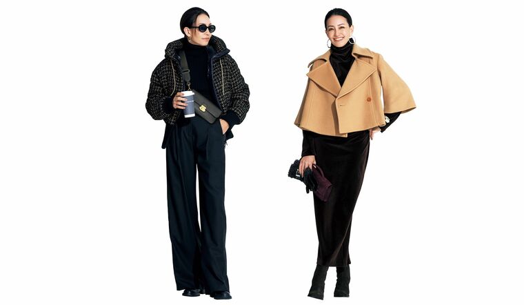 「MIKAKO NAKAMURA」と「ヘルノ」のアウターを着用したモデルのRINAさん
