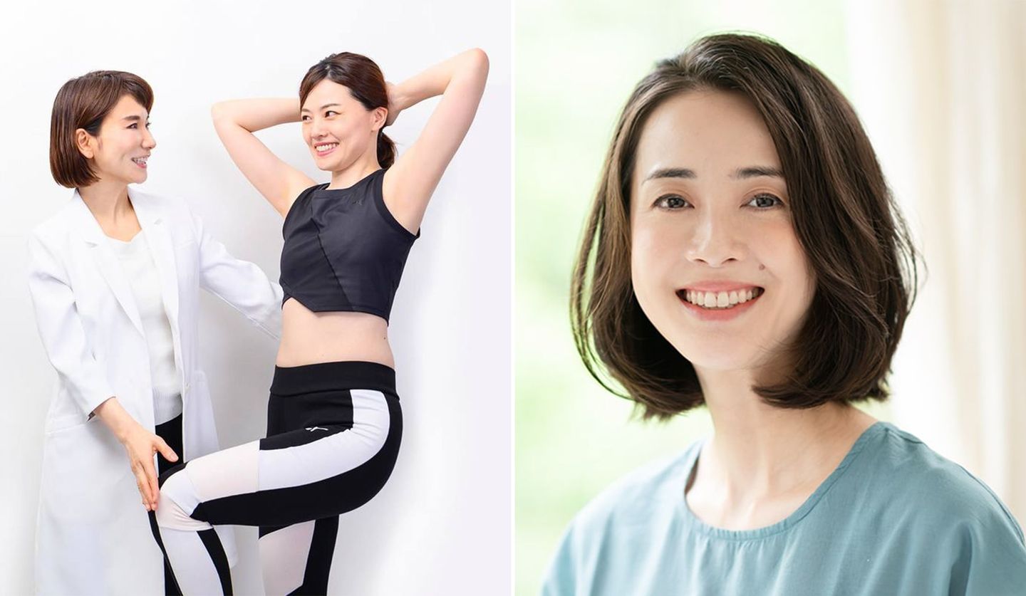 エイジングデザイナー 村木宏衣さんと「立ったまま腹筋」メソッドする女性モデル、ふんわり大人ボブスタイルのヘアモデル