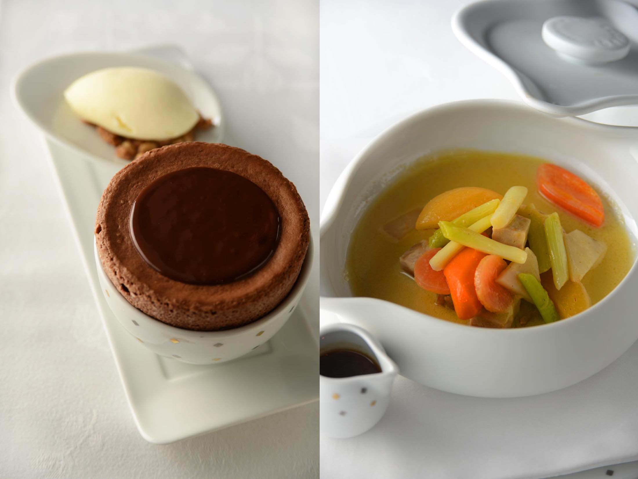 左/デザートの「フォンダン・ショコラ」と右/「冬野菜と豆類のブレゼ」。地味だけどしみみじみ美味しい家庭料理的アプローチ。