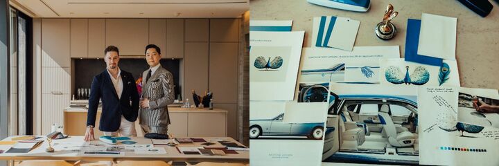 左/この日は韓国・ソウルにあるロールス・ロイスの「プライベート・オフィス」チームが来日。クライアントのイメージを創造するビスポークサービスを手がける。右/クジャクをイメージしたビスポークのアイディアの一例。
