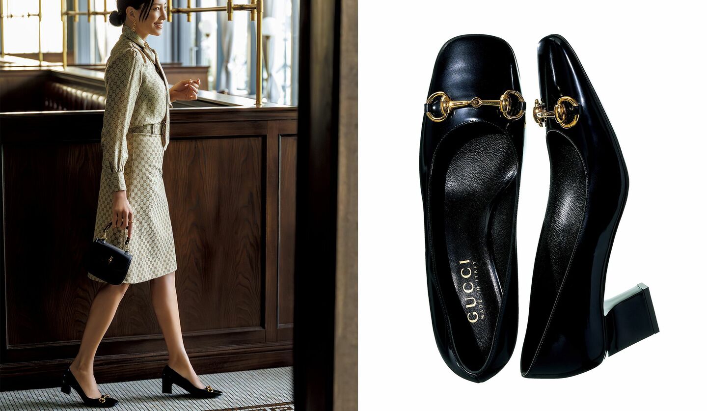 格調高い空間とも調和する、繊細な光沢のブラックパンプスは、新アーティスティック・ディレクター デムナが手掛けた新作。「グッチ」の靴『シニョーラ』を履いたRINAさん