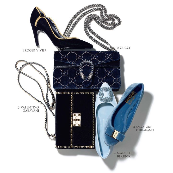 靴「ショック リアル パスメントリー パンプス」［ヒール8.5cm］￥106,000（ロジェ・ヴィヴィエ・ジャパン）、バッグ「ディオニュソス」［サイズ：縦13.5×横25×マチ7cm］￥290,000（グッチジャパン）、靴「ヴァリナ」［ヒール1cm］￥70,000（フェラガモ・ジャパン〈サルヴァトーレ フェラガモ〉）、靴「ハンギシ」［ヒール1cm］￥148,000（ブルーベル・ジャパン〈マノロブラニク〉）、バッグ「ロックスタッズ」［サイズ：縦15×横21×マチ7cm］￥277,000（ヴァレンティノ ジャパン〈ヴァレンティノ ガラヴァーニ〉）　[Precious2018年9月号153ページ] 
