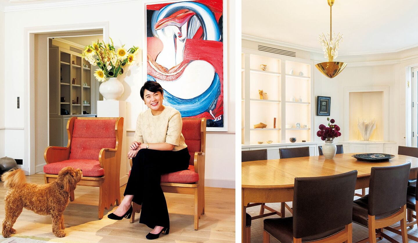 パリで暮らすサーファビアーニ・美樹子さんの自宅リビングと、愛犬と一緒に写る美樹子さん