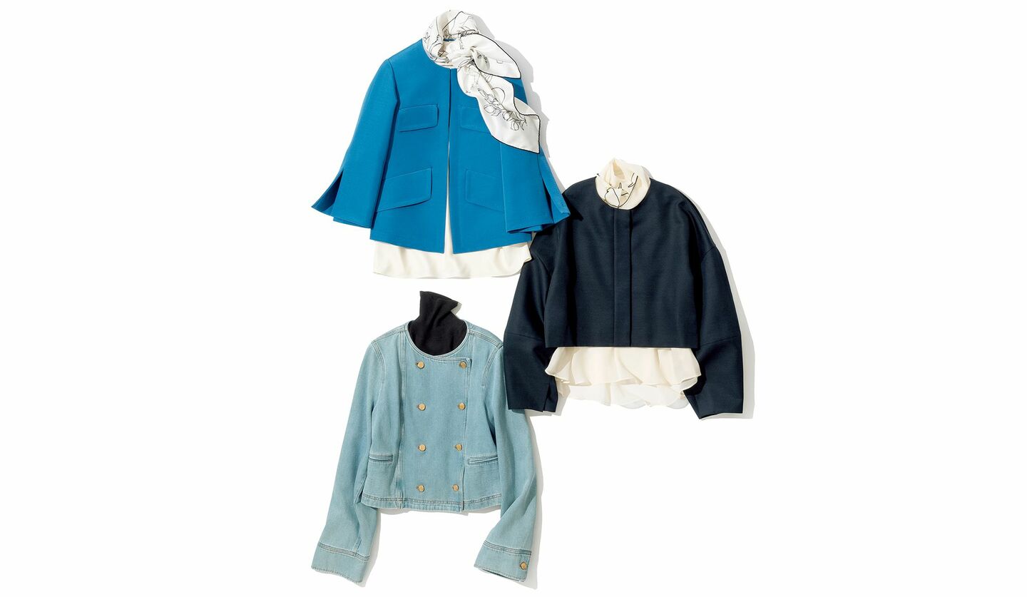 ショート丈のノーカラージャケットのコーディネート