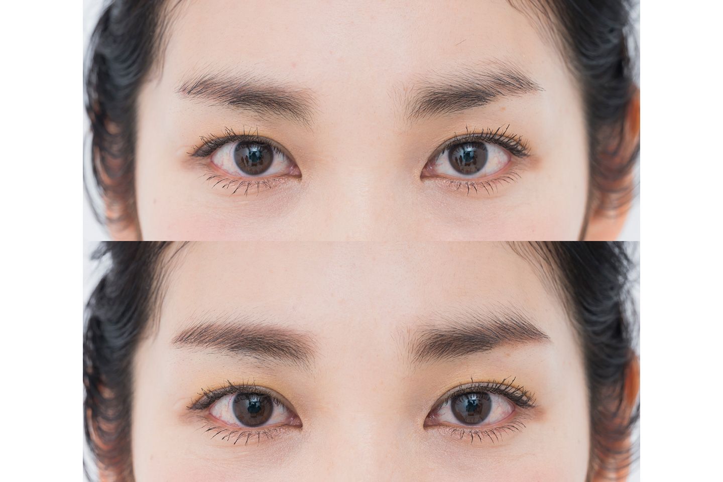 写真上段は佐藤さん自前メイクの眉、下段は長井さんにご提案いただいた今どき「平行眉」。眉の低い方は眉の上側に、高い方は眉の下側に少しずつ足りない部分を埋めていく感覚で左右交互に描いていくのがコツ。やや太めの平行眉なら顔の余白が狭まり、グッと小顔な印象にも。