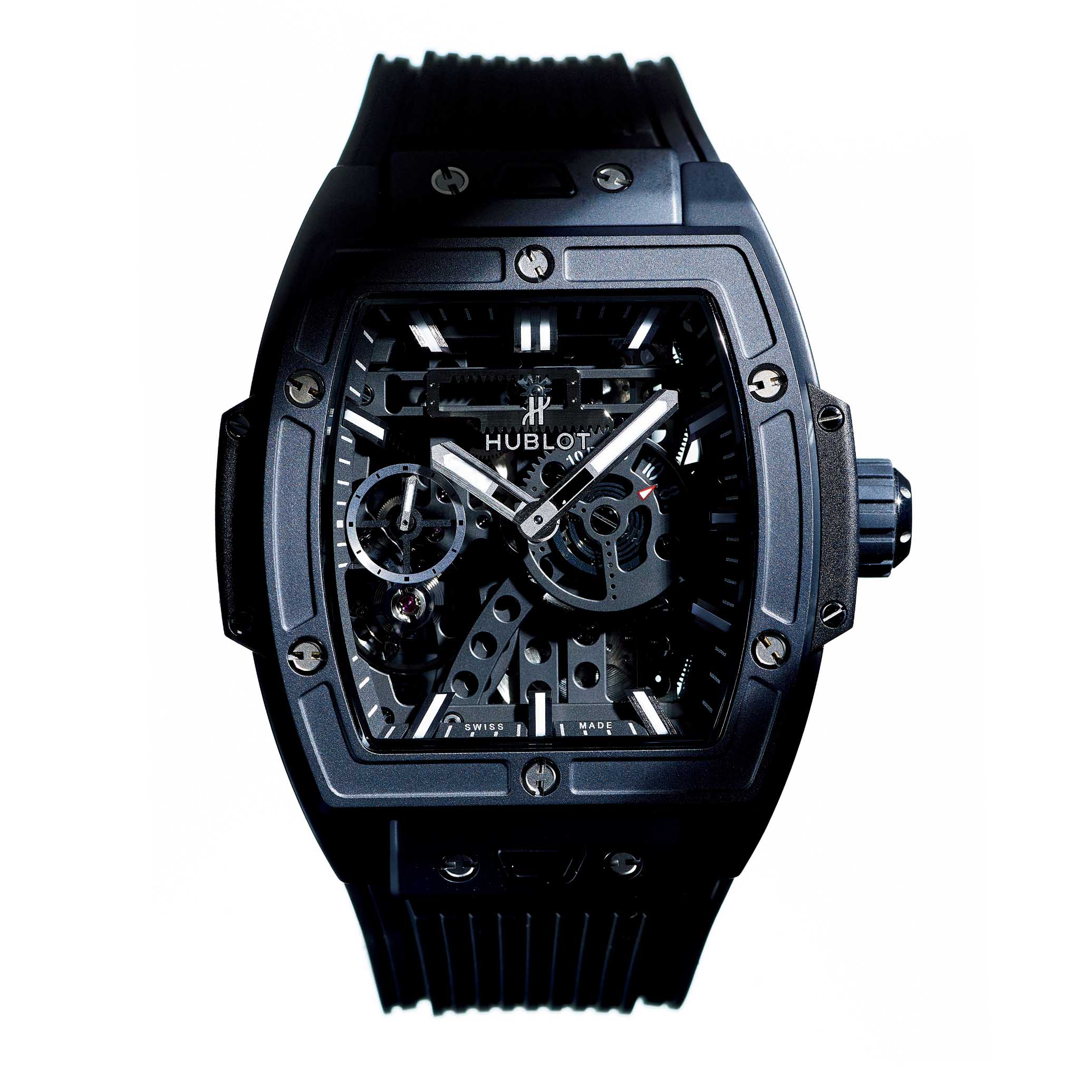 「SPIRIT OF BIG BANG MECA-10 BLACK MAGIC」ムーブメントのパーツを支えるブリッジをスケルトナイズすることで、メカの精緻な美をよりクリアに、スタイリッシュに。時間がわかりにくいスケルトンウォッチが多いなか、高い視認性を確保し実用性も兼ね備える。『スピリット オブ ビッグ・バン メカ-10 ブラックマジック』●手巻き ●ブラックセラミックケース×ブラックラバーストラップ●ケース径/45mm ¥2,890,000(LVMHウォッチ・ジュエリー ジャパン ウブロ)
