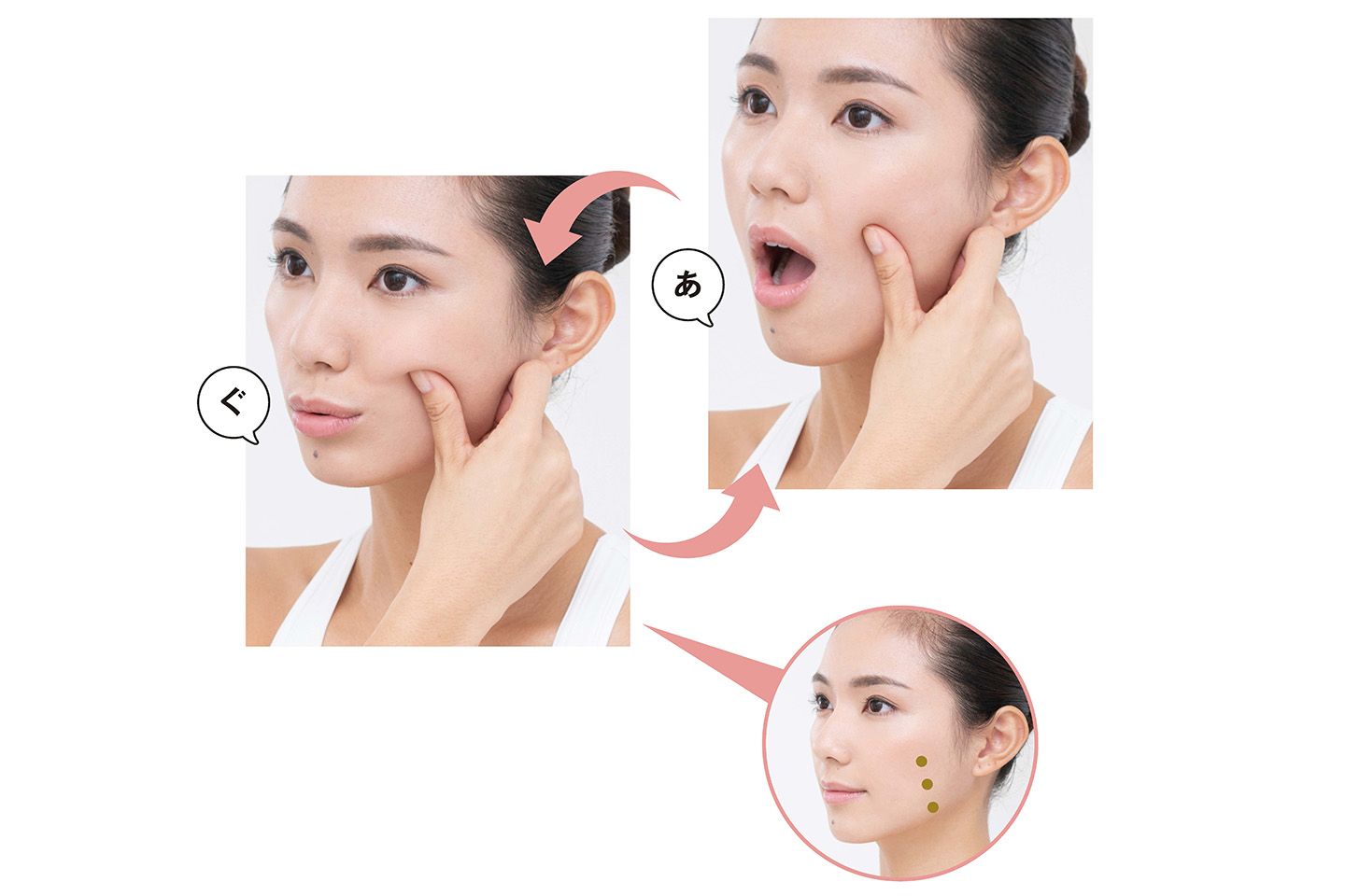 親指でおさえるポイントはほお骨の真下からあごの上を、3分割したところ。