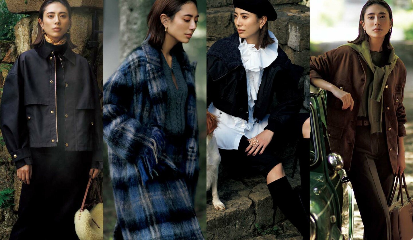 高橋リタさんスタイリングによる「フォレスト・ラグジュアリー」なコーディネートを着用したモデルの土屋巴瑞季さん